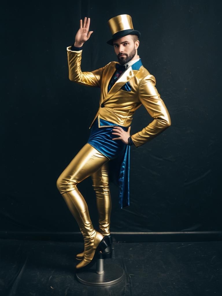 Man in One-Legged Gold and Blue Costume at Cosplay Festival Portrait