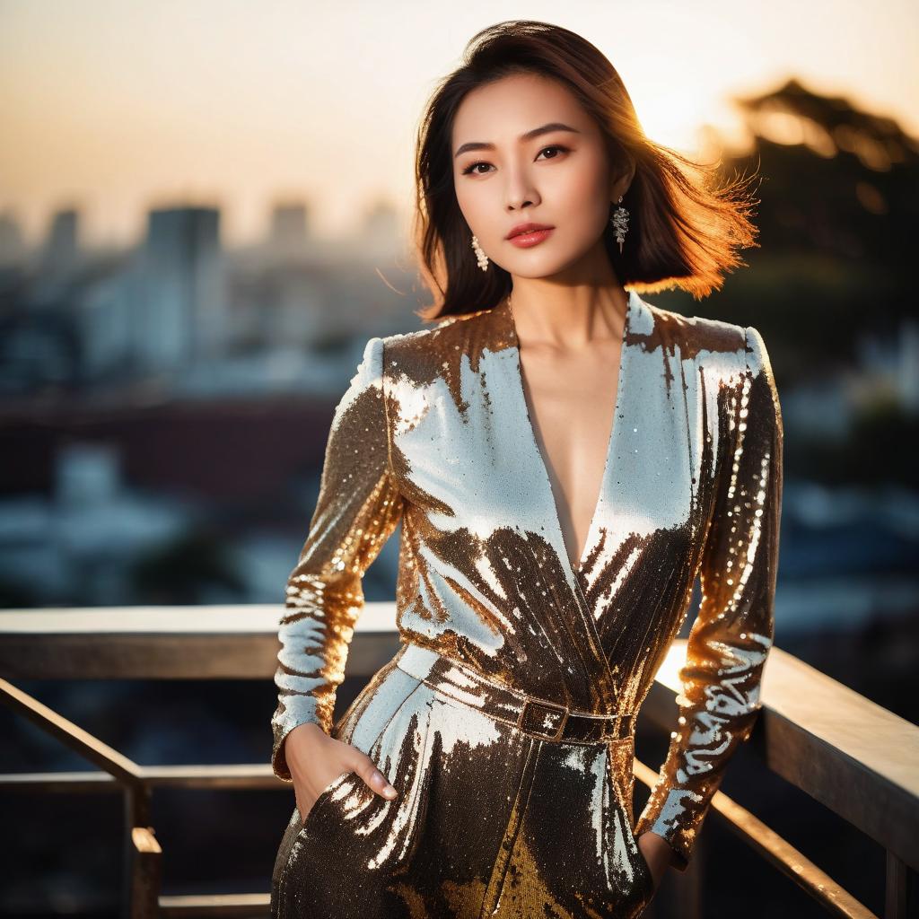 Elegant Woman in Sequined Jumpsuit at Sunset