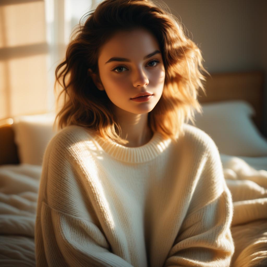 Serene young woman in cozy setting