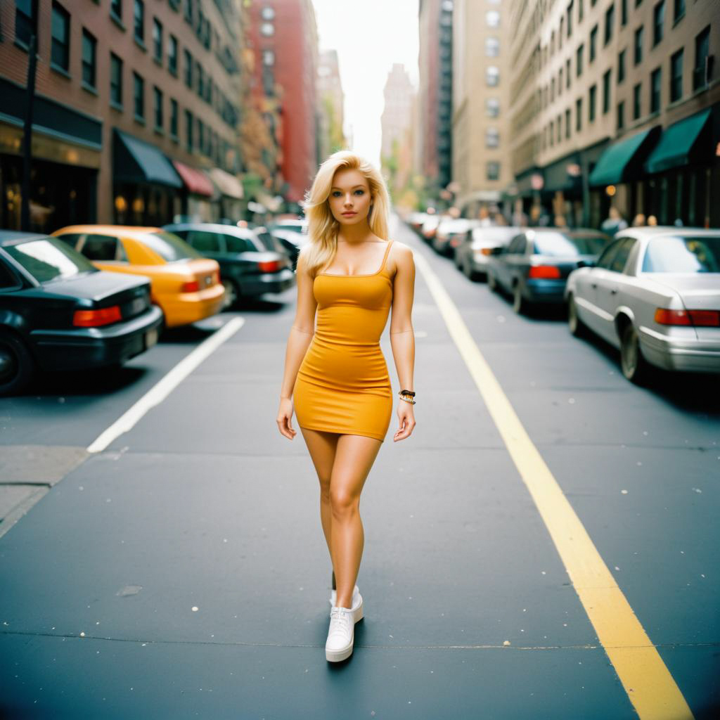 Woman in Yellow Dress on City Street