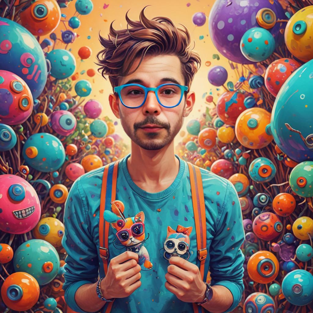 Whimsical Portrait of a Man with Colorful Spheres