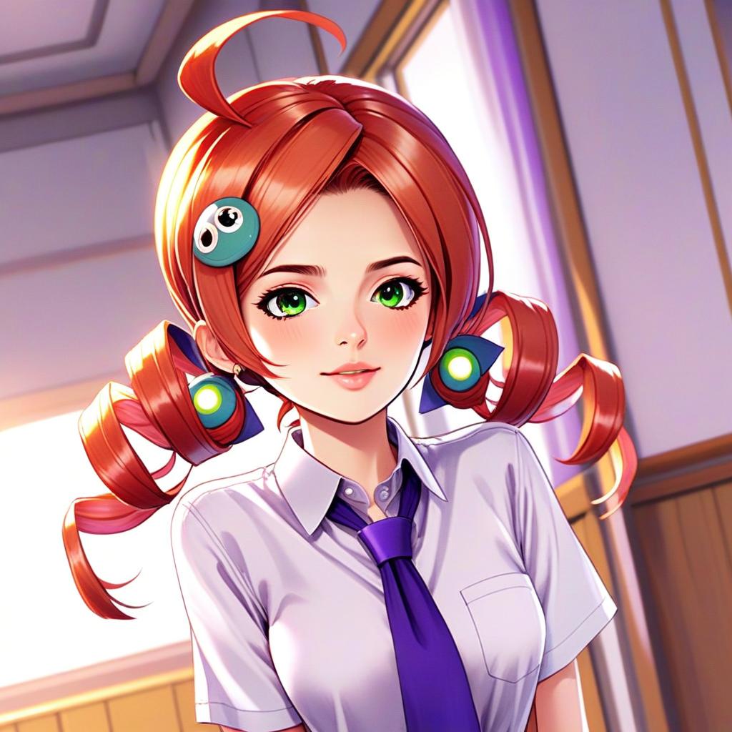 Anime Girl with Red Hair and Green Eyes in School Uniform