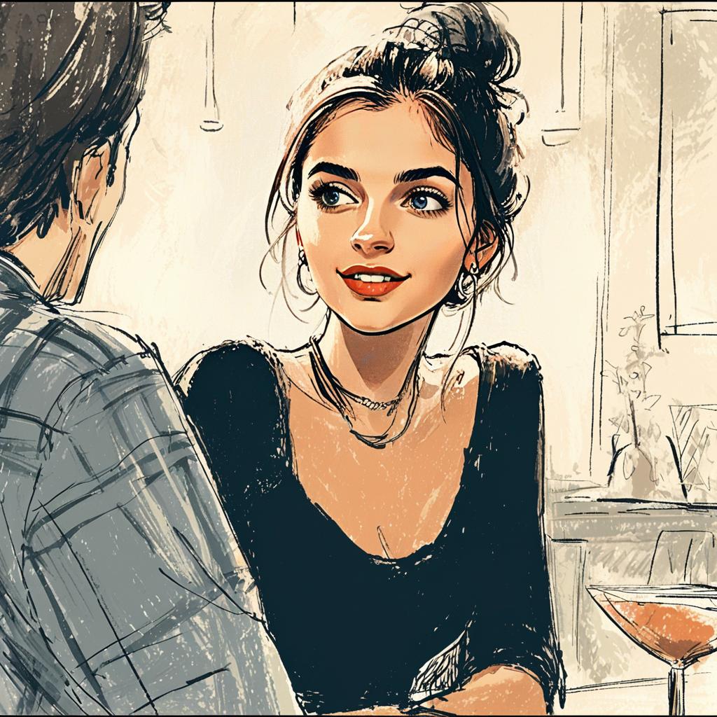 Digital Illustration of Woman Conversing at Café in Sketch Style