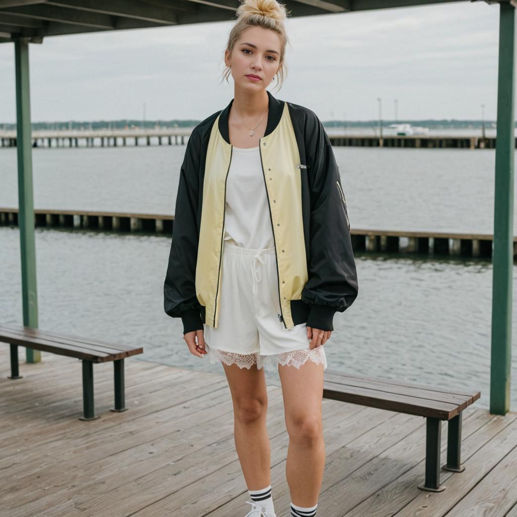 Stylish Woman in Bomber Jacket at Waterfront