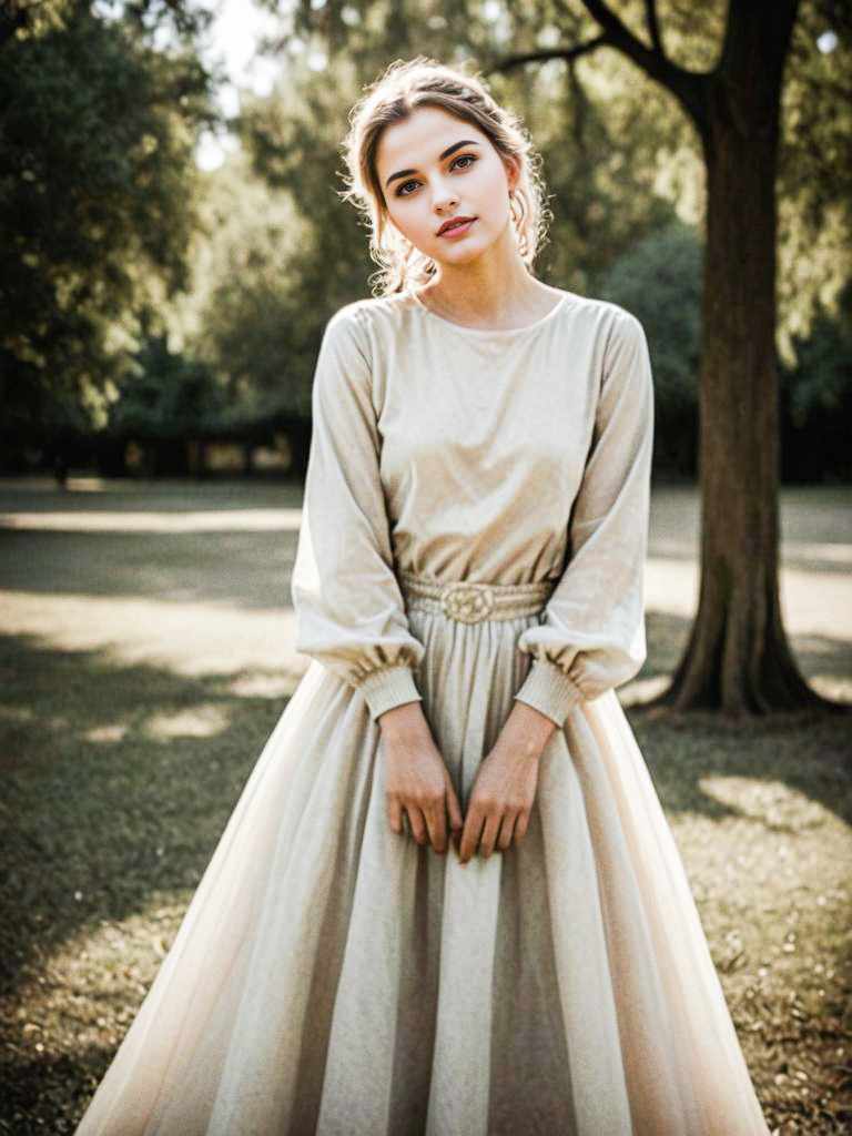 Elegant woman in flowing gown in serene outdoor setting