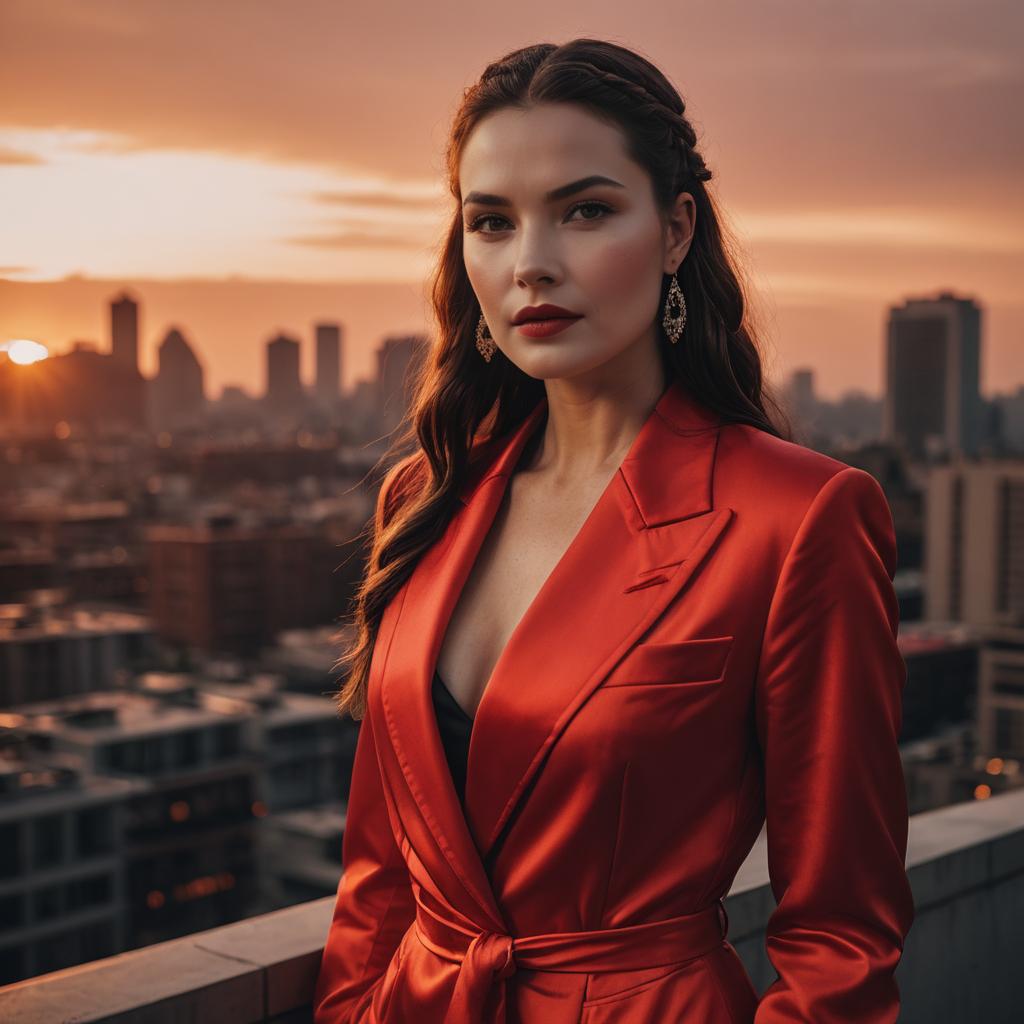 Elegant Woman in Red Satin Blazer on Urban Rooftop at Sunset