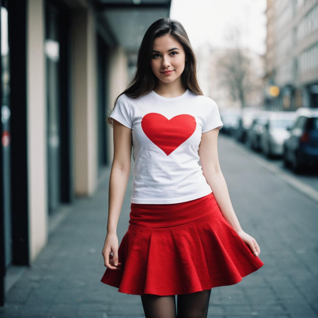 Young Woman Wearing Red Heart T-shirt and Skirt on Urban Street