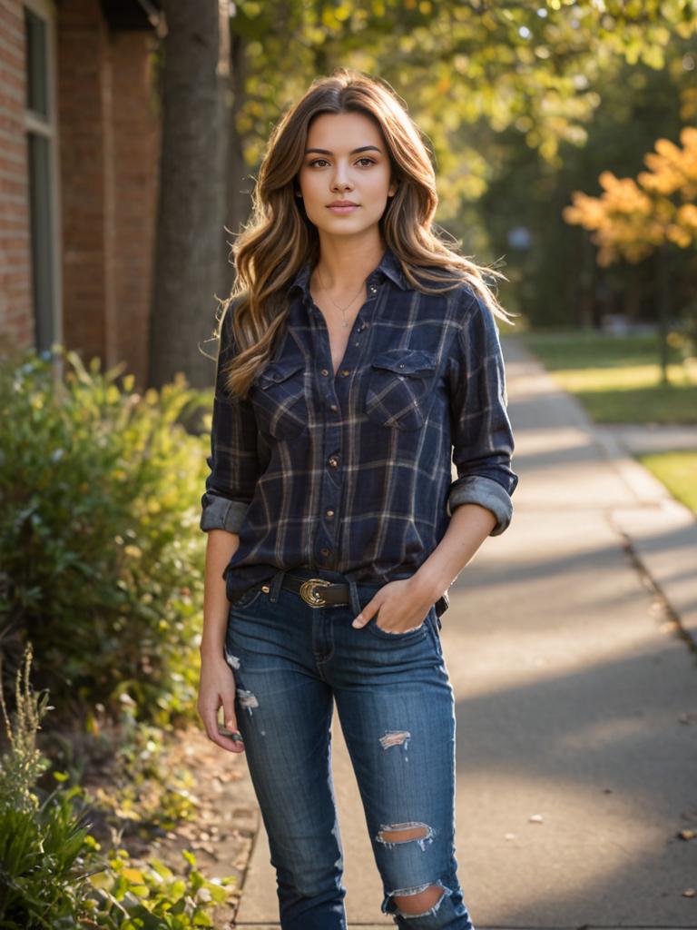 Woman in Blue Plaid Shirt Walking in Sunlight