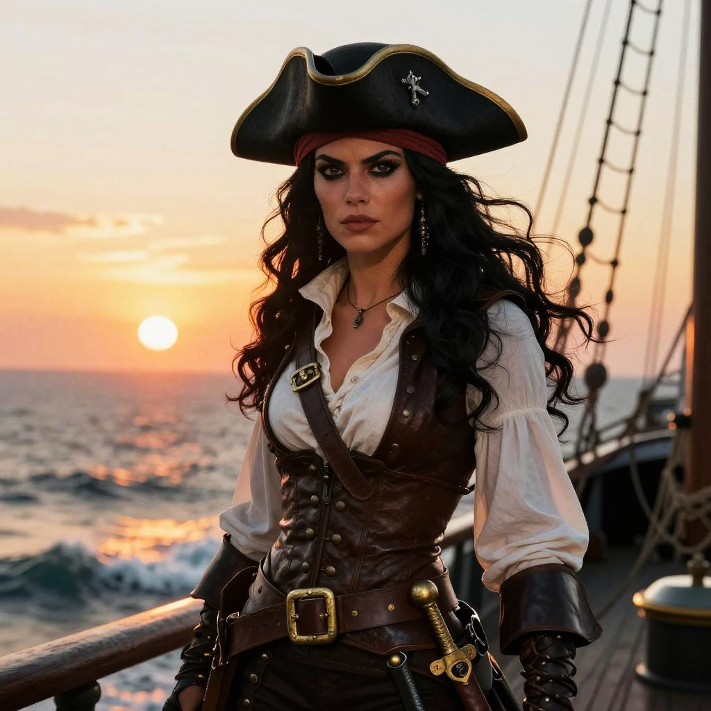 Fierce Woman Pirate on Ship at Sunset in Classic Swashbuckler Style