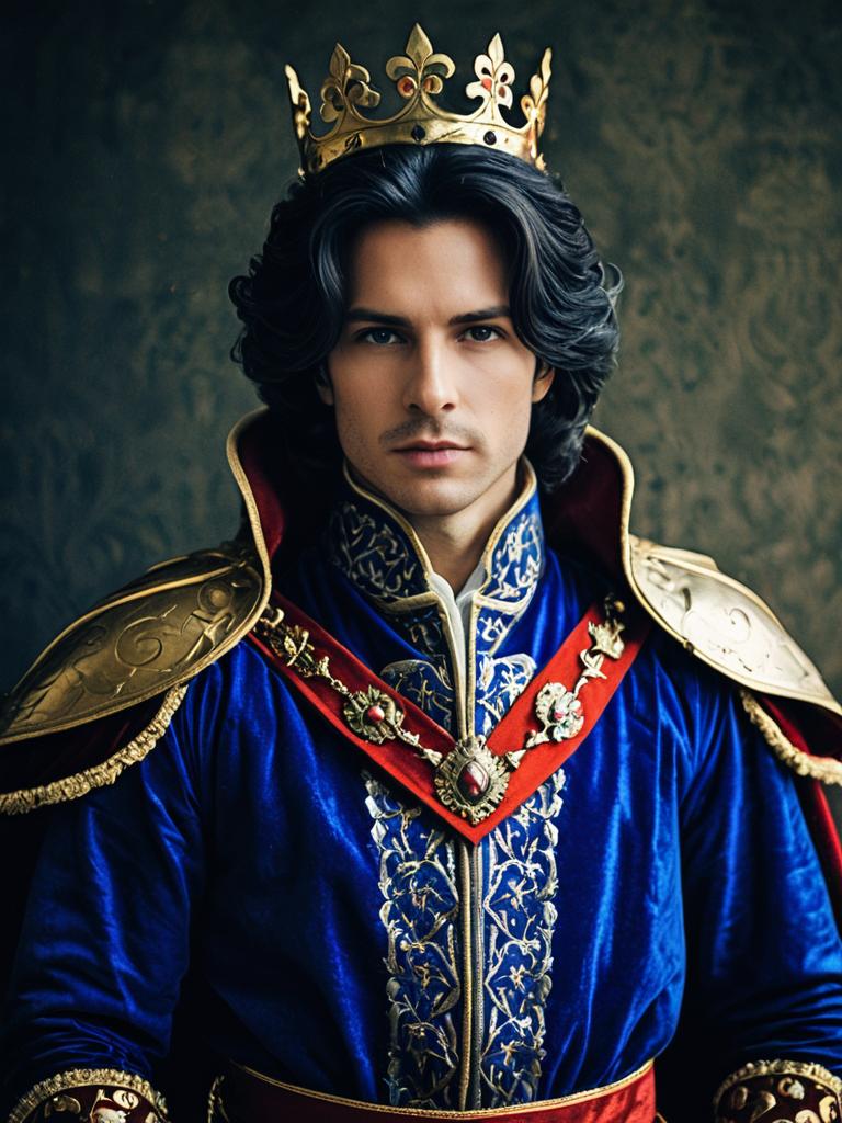 Man in Royal Fantasy Prince Costume with Golden Crown and Blue Velvet Attire