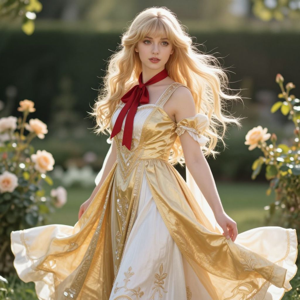 Elegant Blonde Woman in Vintage Golden Dress in Garden