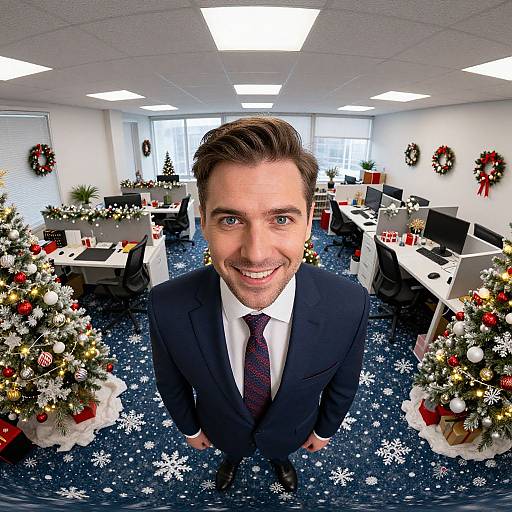 Smiling Businessman in Festive Office Decor with Christmas Trees and Snowflake Carpet