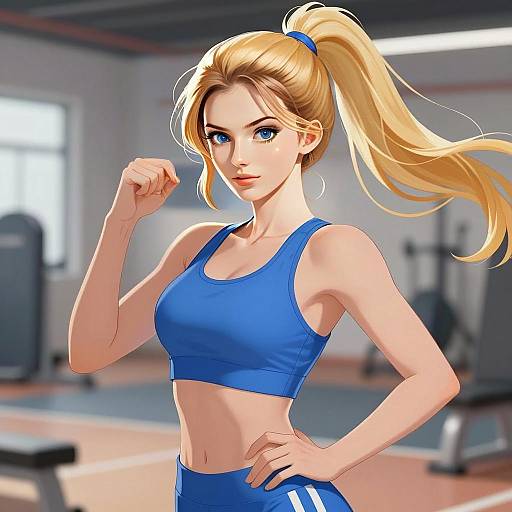 Strong Blonde Woman in Blue Workout Outfit in Modern Gym Anime Style