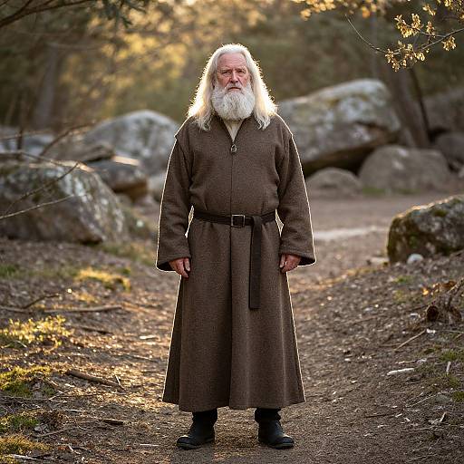 Elderly Man in Medieval Robe Standing in Forest Pathway