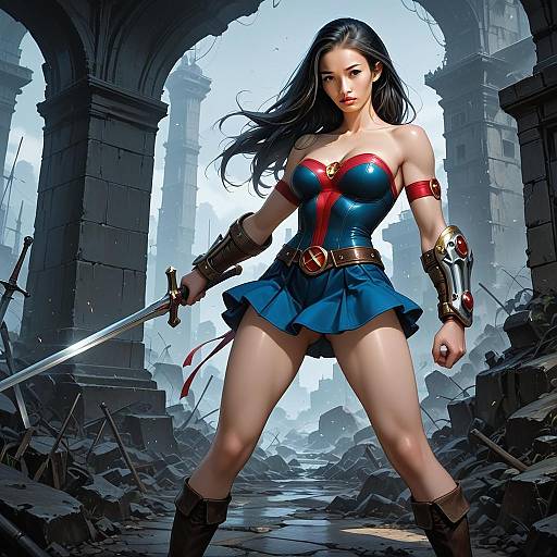 Fantasy Warrior Woman with Sword in Ruined Ancient City Digital Illustration