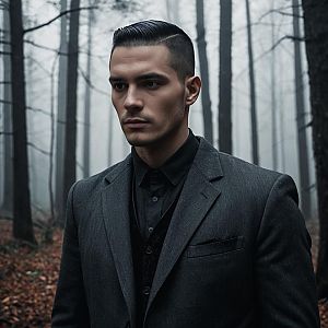 Young man in foggy forest