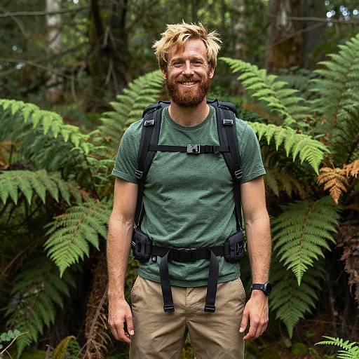 Smiling Man Hiking in Fern Forest with Backpack