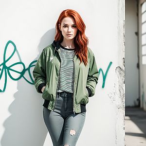 Confident young woman with red hair in street style