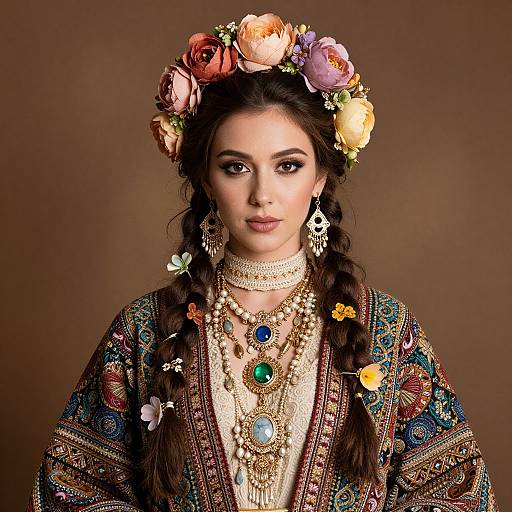 Traditional Folk Costume Woman with Floral Crown and Ornate Jewelry