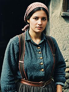 Young Woman in Traditional Peasant Clothing with Headscarf Outdoors