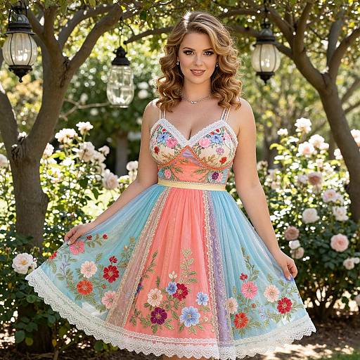 Floral Embroidered Vintage-Style Dress Worn by Woman in Garden