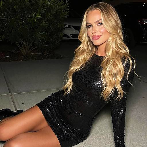 Glamorous Woman in Black Sequined Dress Sitting Outdoors at Night