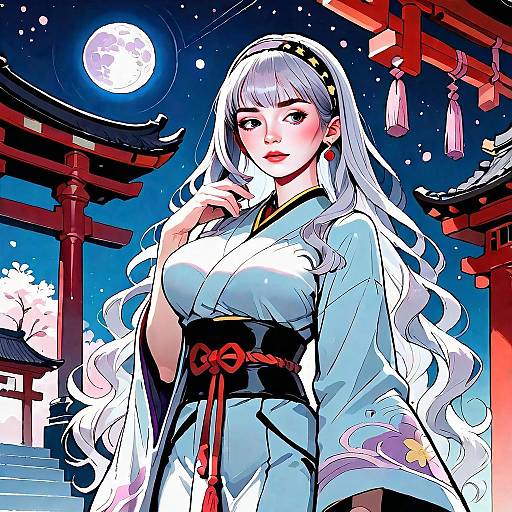 Anime Woman in Traditional Kimono under Full Moon with Torii Gates