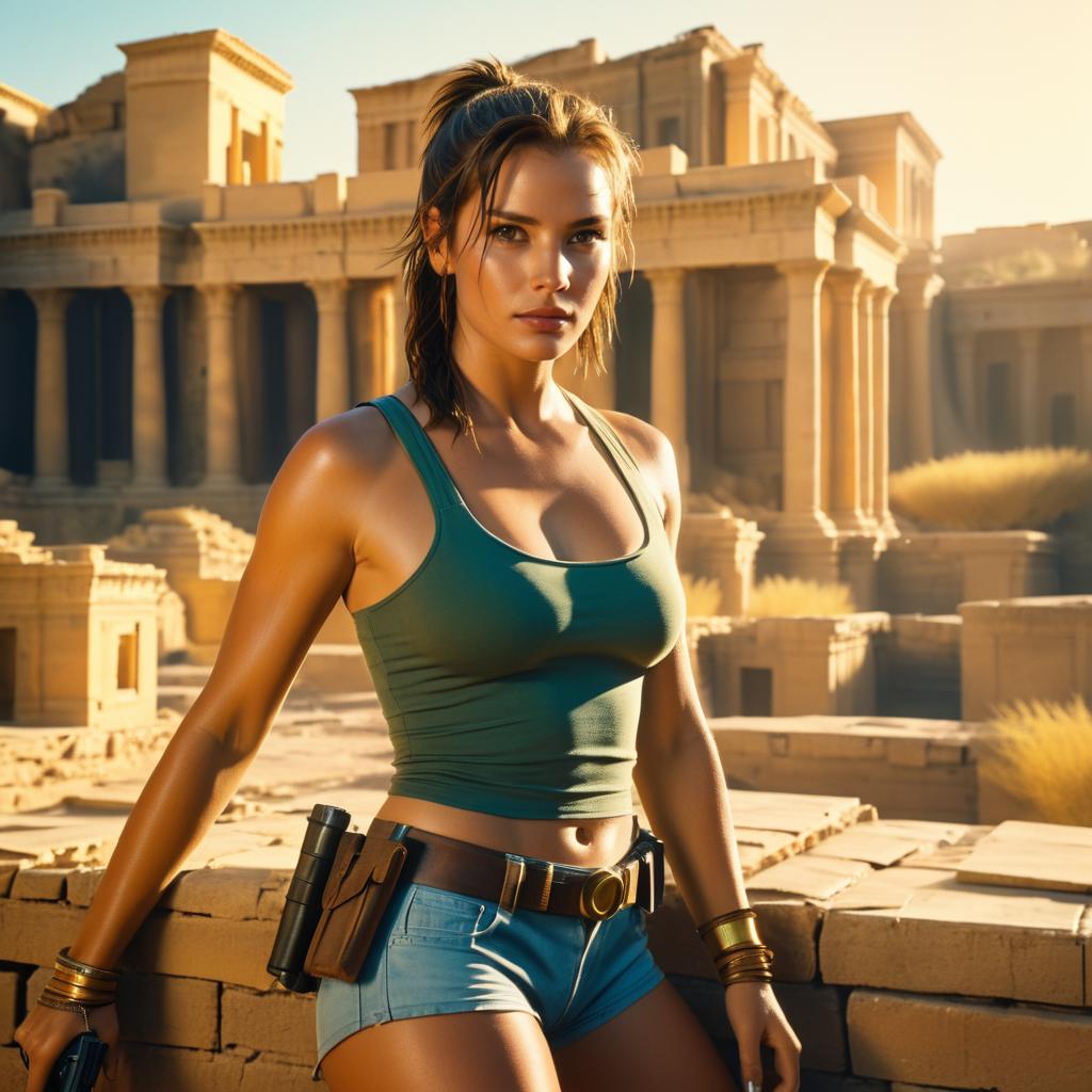 Woman in Lara Croft Costume Against Ancient Architecture