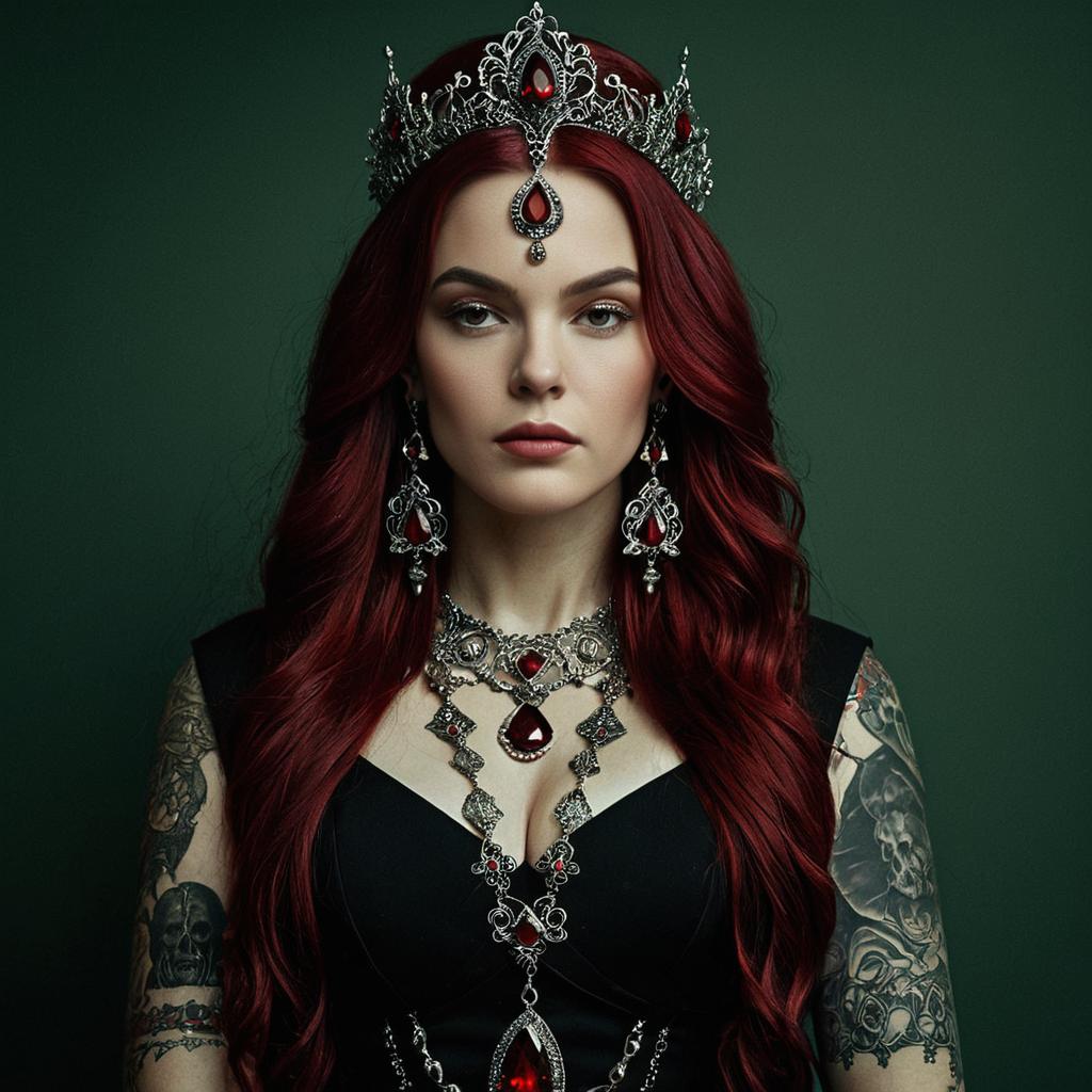 Regal Gothic Woman with Red Hair, Crown, and Tattoos Portrait