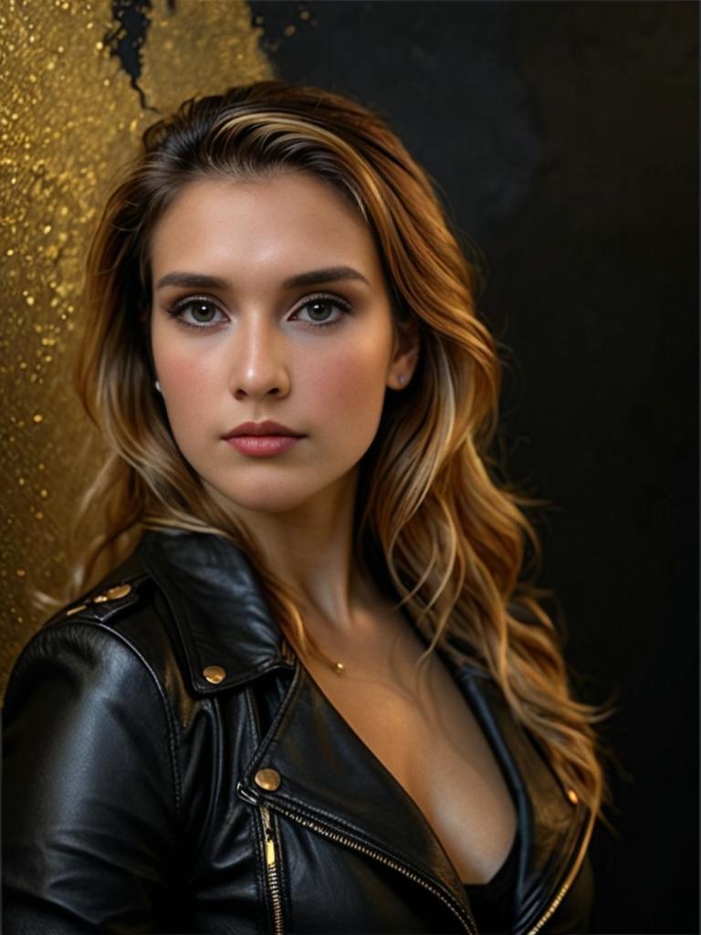 Elegant Woman in Leather Jacket Against Gold Background