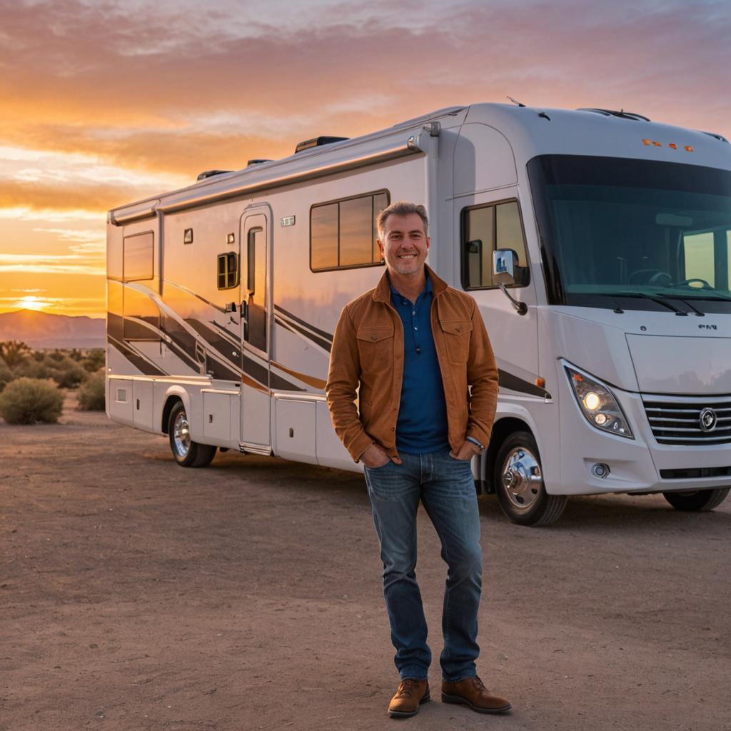 Confident man in front of RV at sunset