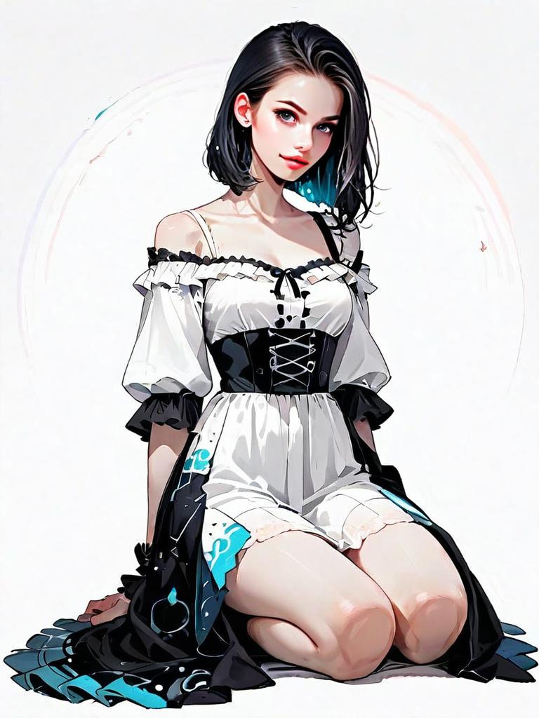 Realistic Full-Body Illustration of Woman in Modern Corset Dress - Comic Style Art