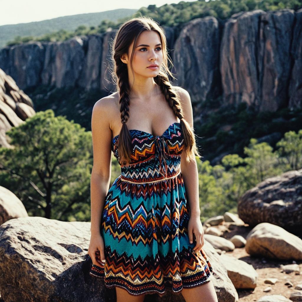 Young Woman in Chevron Sundress Posing by Rocky Cliffs Realistic Outdoor Portrait