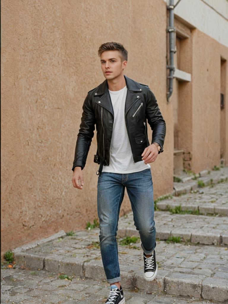 Fashionable Young Man in Leather Jacket Outdoors