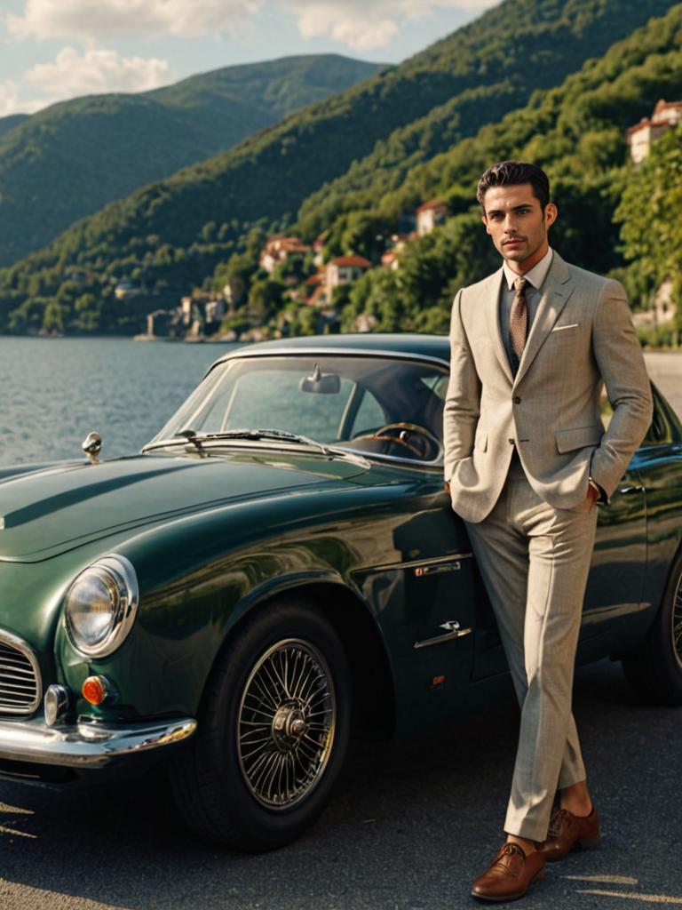 Man in beige suit by classic green car with lakeside town