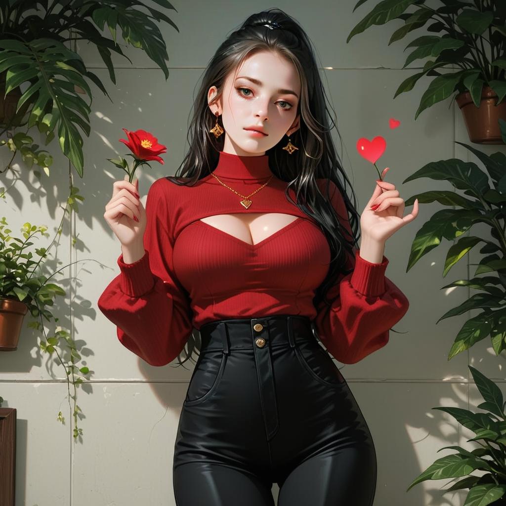 Stylish Young Woman in Red Top Holding Flower and Heart Digital Illustration