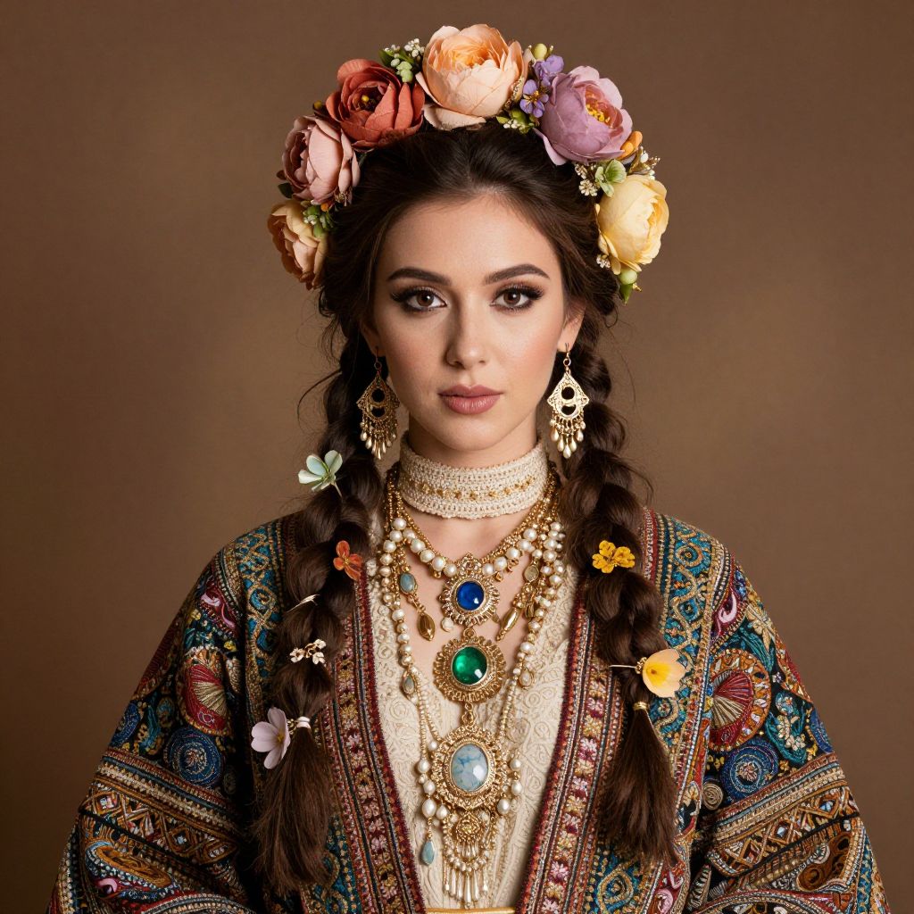 Traditional Folk Costume Woman with Floral Crown and Ornate Jewelry