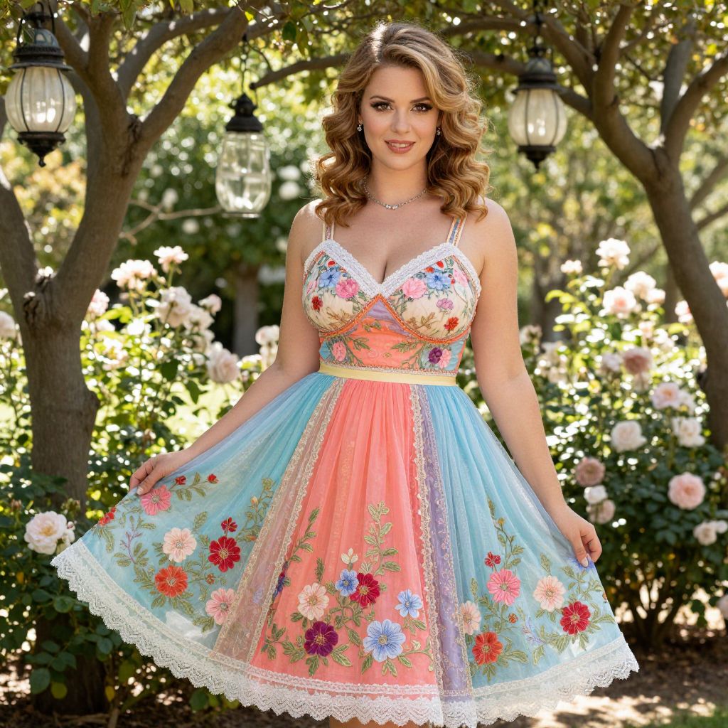 Floral Embroidered Vintage-Style Dress Worn by Woman in Garden