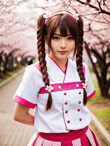 Young Woman in Pink and White Outfit Among Blooming Sakura Trees
