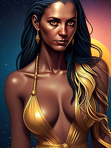 Woman with Golden Eyes in Cosmic Background