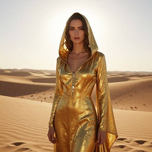 Woman in Gold Metallic Hooded Dress in Desert Sand Dunes