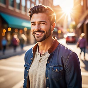 Young Man Smiling Outdoors in Denim Jacket
