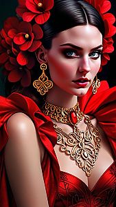 Stunning Woman in Red Outfit with Gold Jewelry