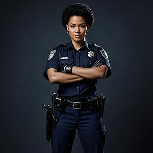 Confident Woman Police Officer in Dark Uniform