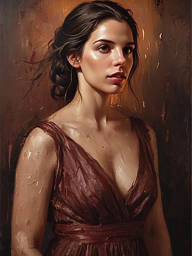 Elegant Woman Digital Oil Portrait in Maroon Dress