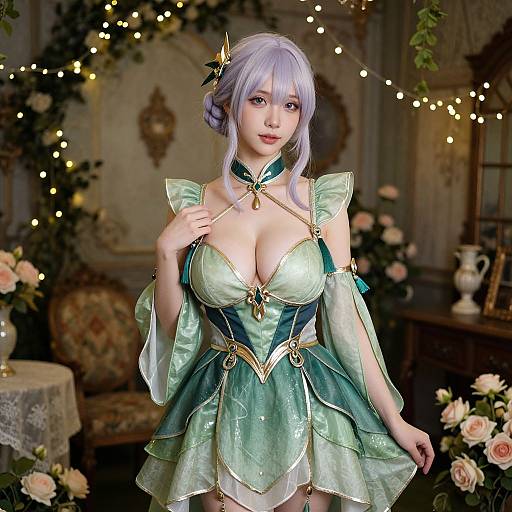 Fantasy Cosplay Green and Gold Dress with Lavender Hair in Vintage Setting