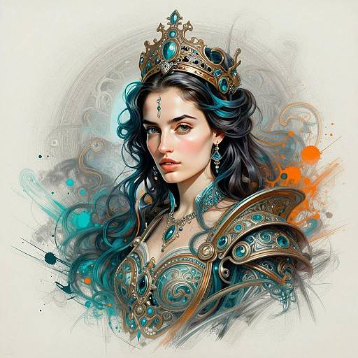 Regal Woman in Ornate Armor and Crown Digital Portrait