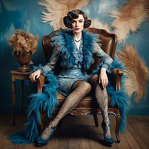 Vintage Woman in Blue Outfit with Feather Boa