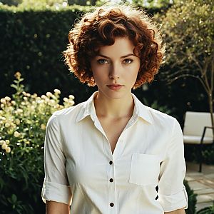 Portrait of Woman with Curly Red Hair Outdoors in White Shirt