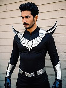 Man in Realistic Mercury Black Costume Cosplay with Silver Wing Details